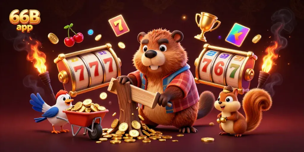 Engage with the thrilling 66B app showcasing a cartoon beaver and dynamic gambling elements in 3D depth.