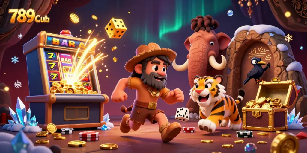 Experience thrilling action at 789CLub with an exciting prehistoric casino scene featuring cartoon characters.