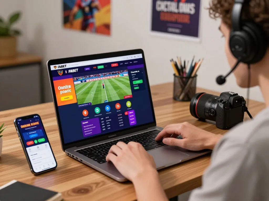 Player engaging with FABET online betting platform amidst vibrant home office setup.