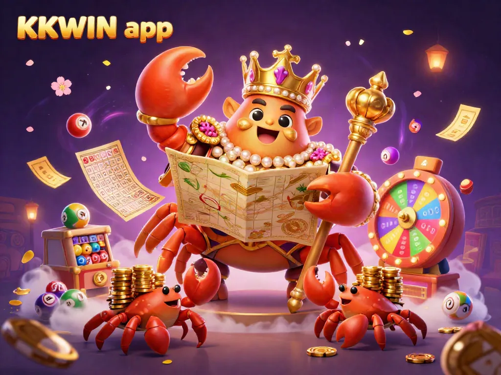 Engage with the KKWIN app as the golden crab emperor rules the vibrant casino scene filled with treasures and games.