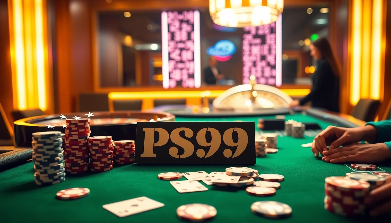 Players enjoying an exhilarating game at PS99 casino table with vibrant poker chips and cards.