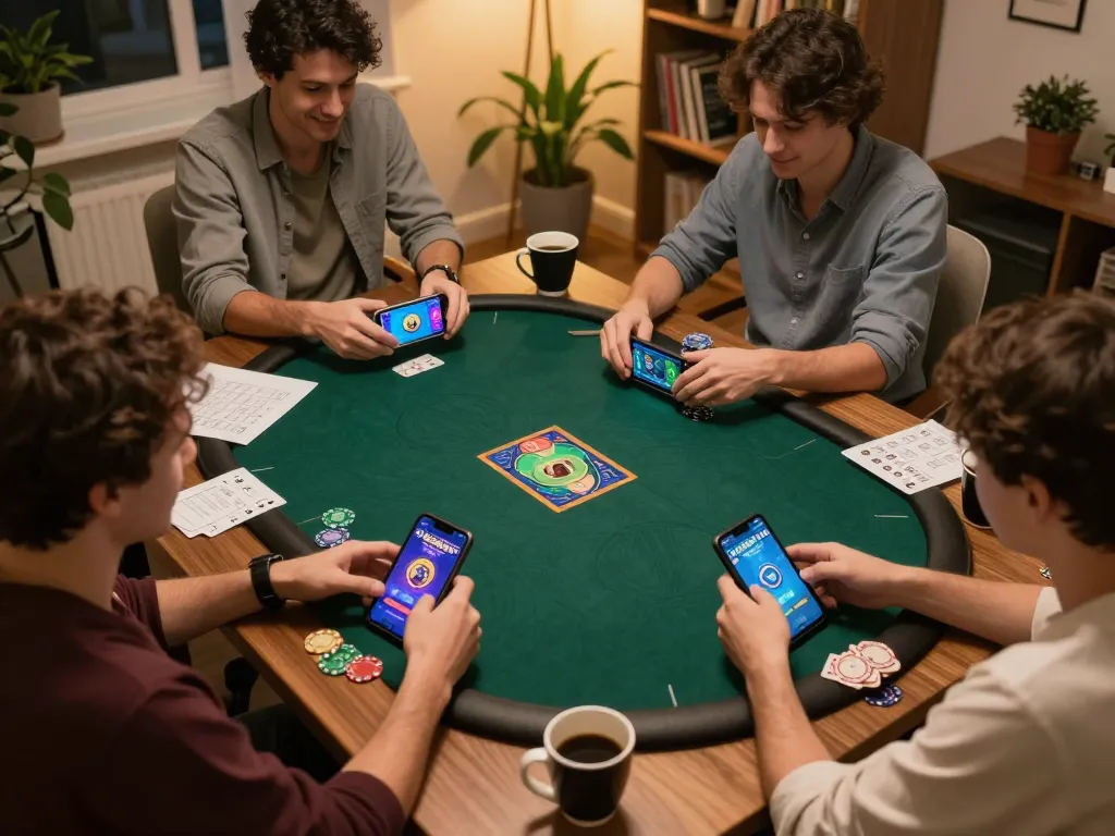 Bl555 players enjoying online poker in a cozy home setup with smartphones and strategy notes visible.