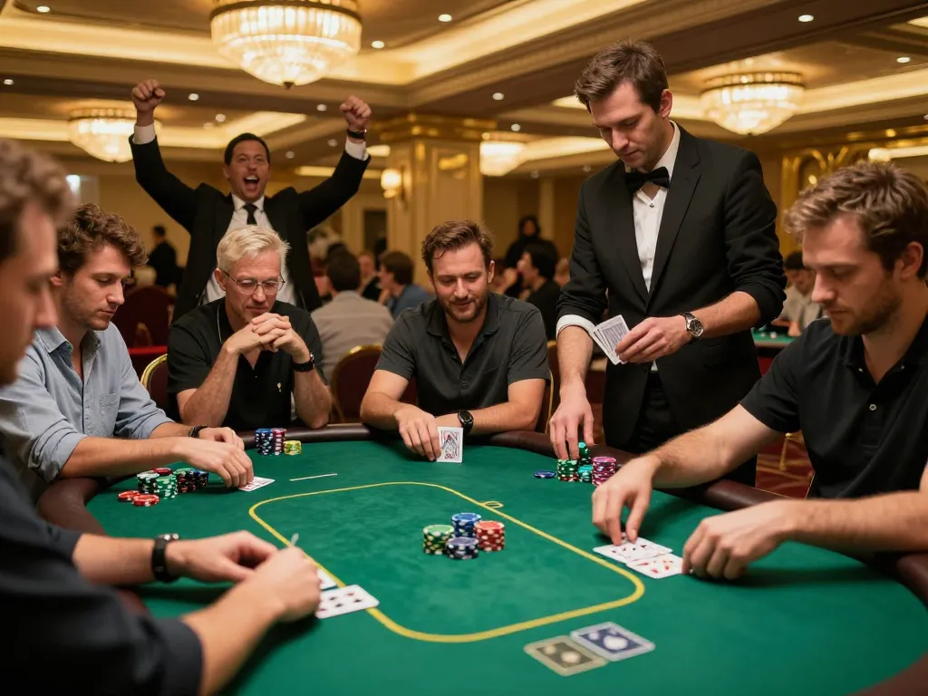 Engaged players at the 98WIN poker table place bets with colorful chips in an upscale casino environment