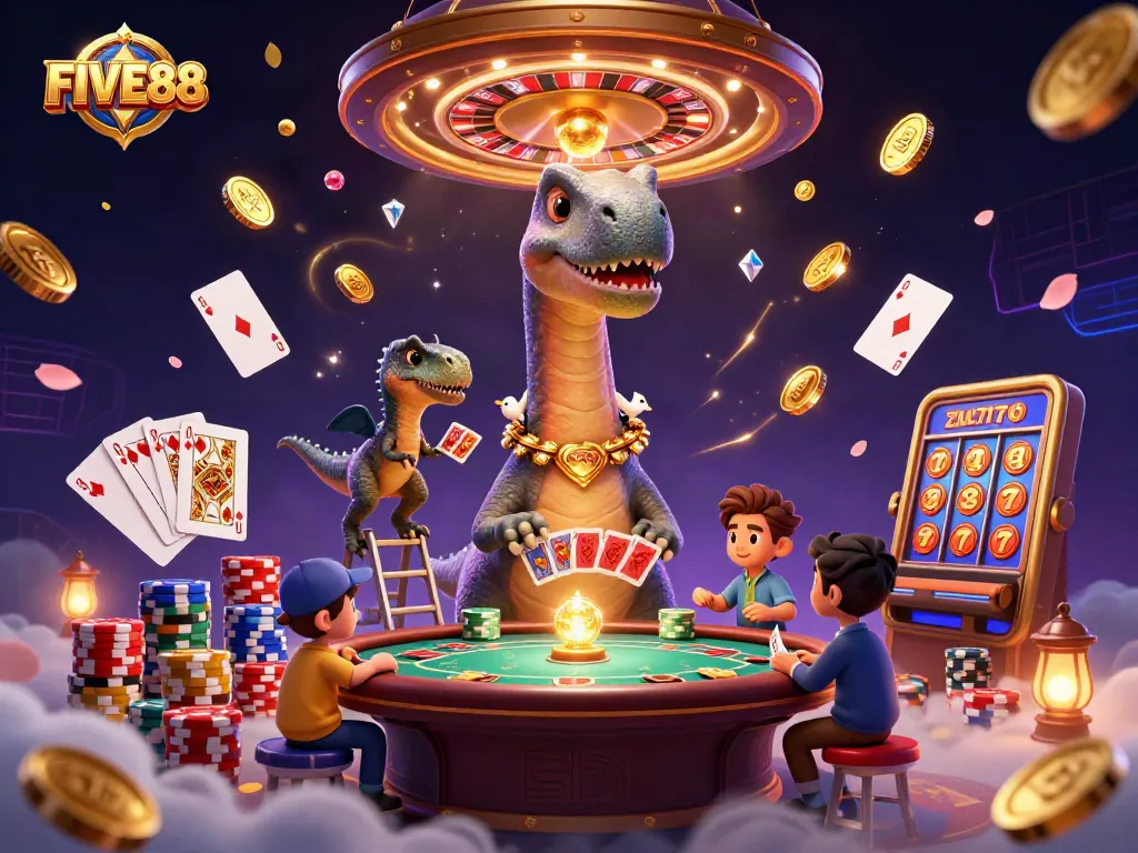 Winning at FIVE88 casino with dynamic 3D characters, colorful games, and vibrant action.
