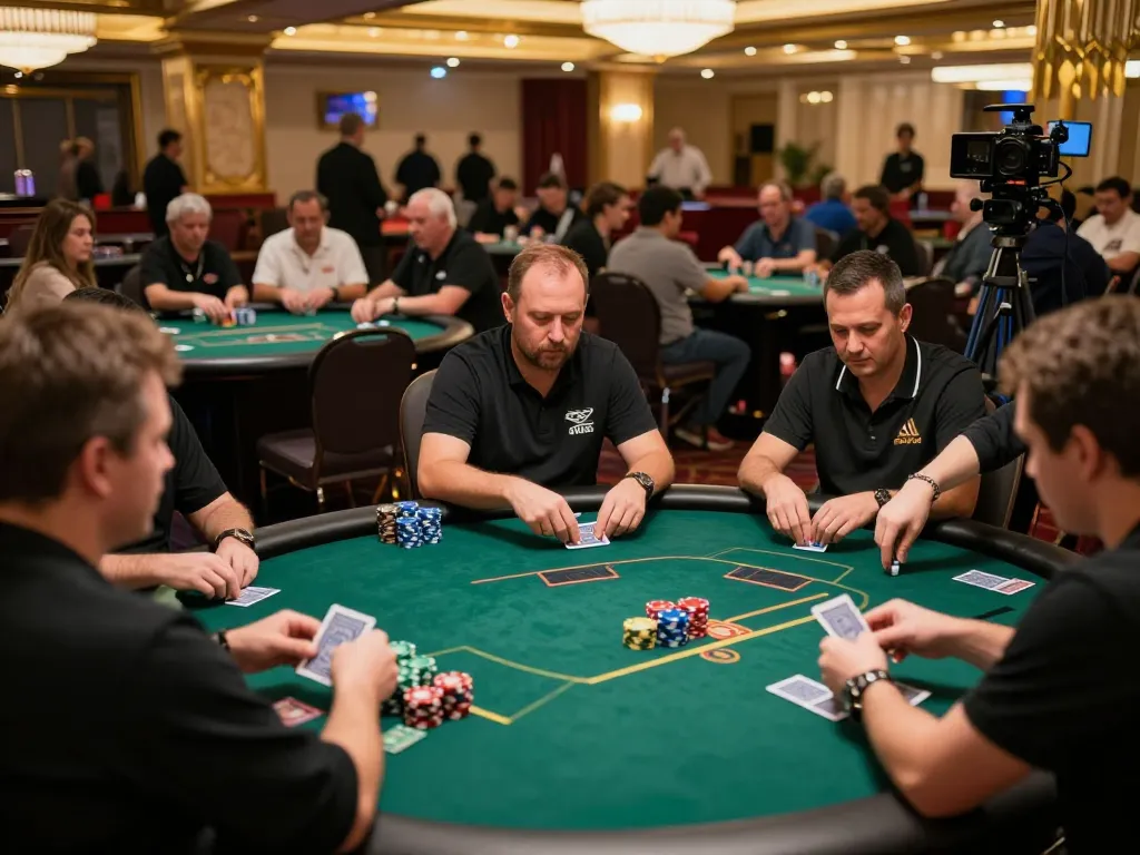 Exciting poker tournament scene at Las Vegas casino featuring VK88 players competing for high stakes.