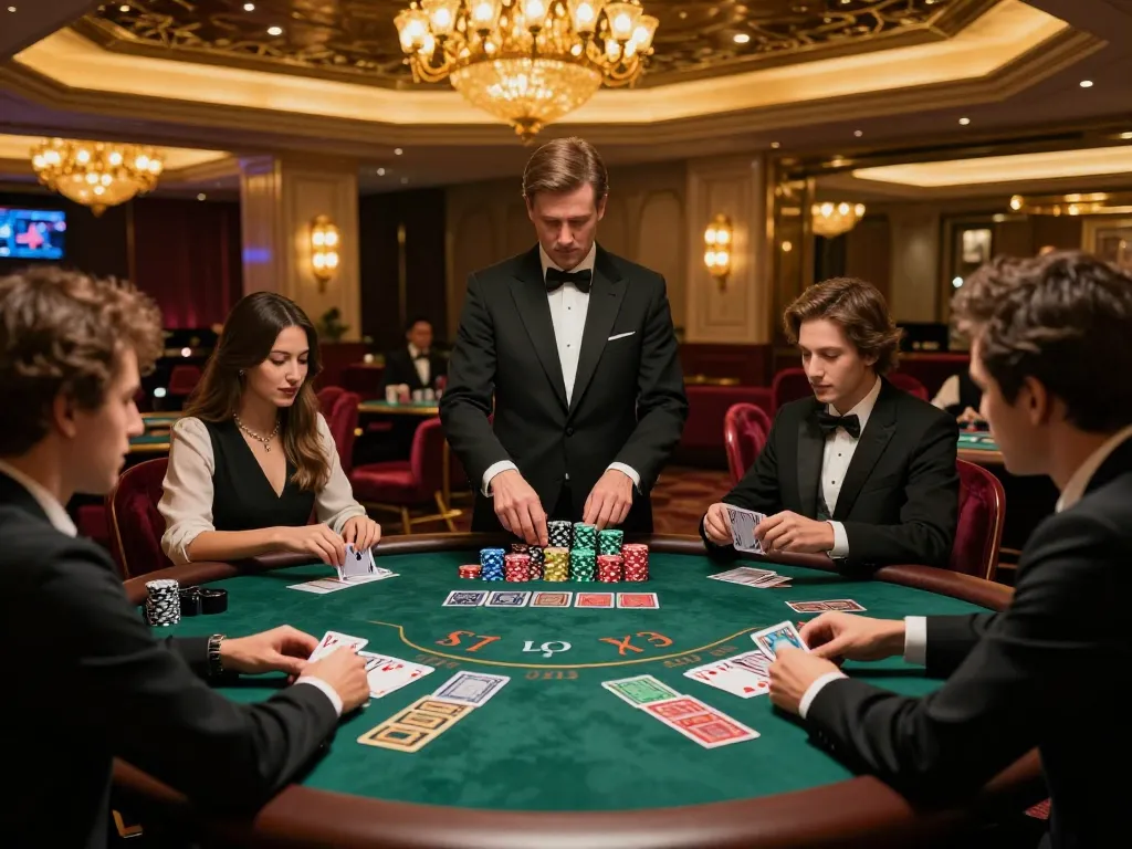 CM88 players strategizing in an upscale blackjack game at a vibrant casino table