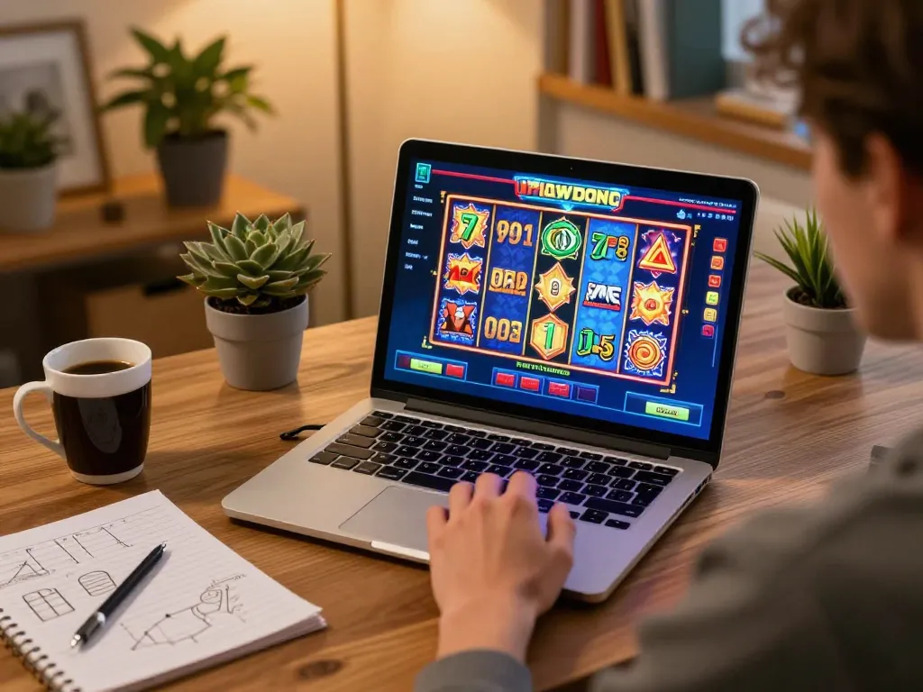 Engaged player interacting with nhà cái lv88's online slots on laptop with strategy notes visible
