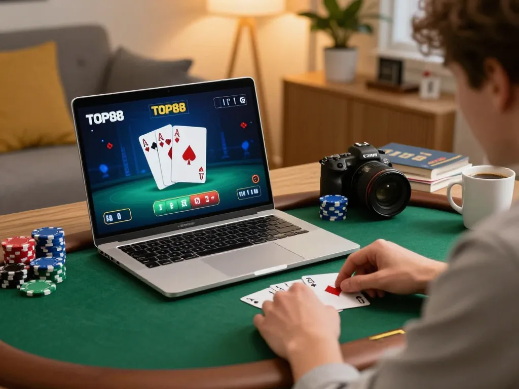 Player enjoying a poker game on TOP88 online platform, showcasing strategic gameplay and relaxed home atmosphere.