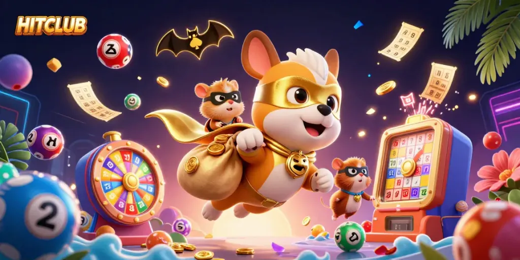 HITCLUB promotes excitement with a superhero dog and hamster bringing luck in a vibrant casino scene.