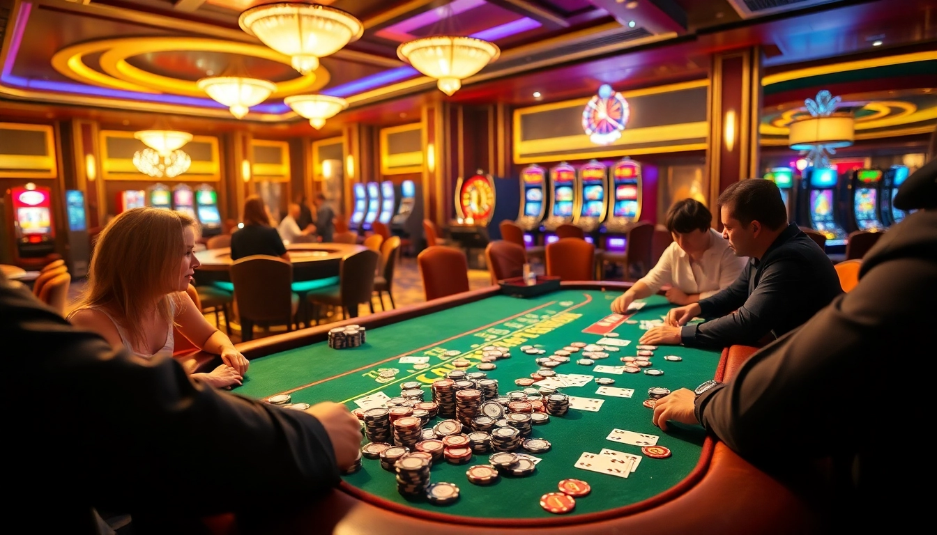 Players enjoying a thrilling game at a 3WIN branded casino table with vibrant chips and cards.