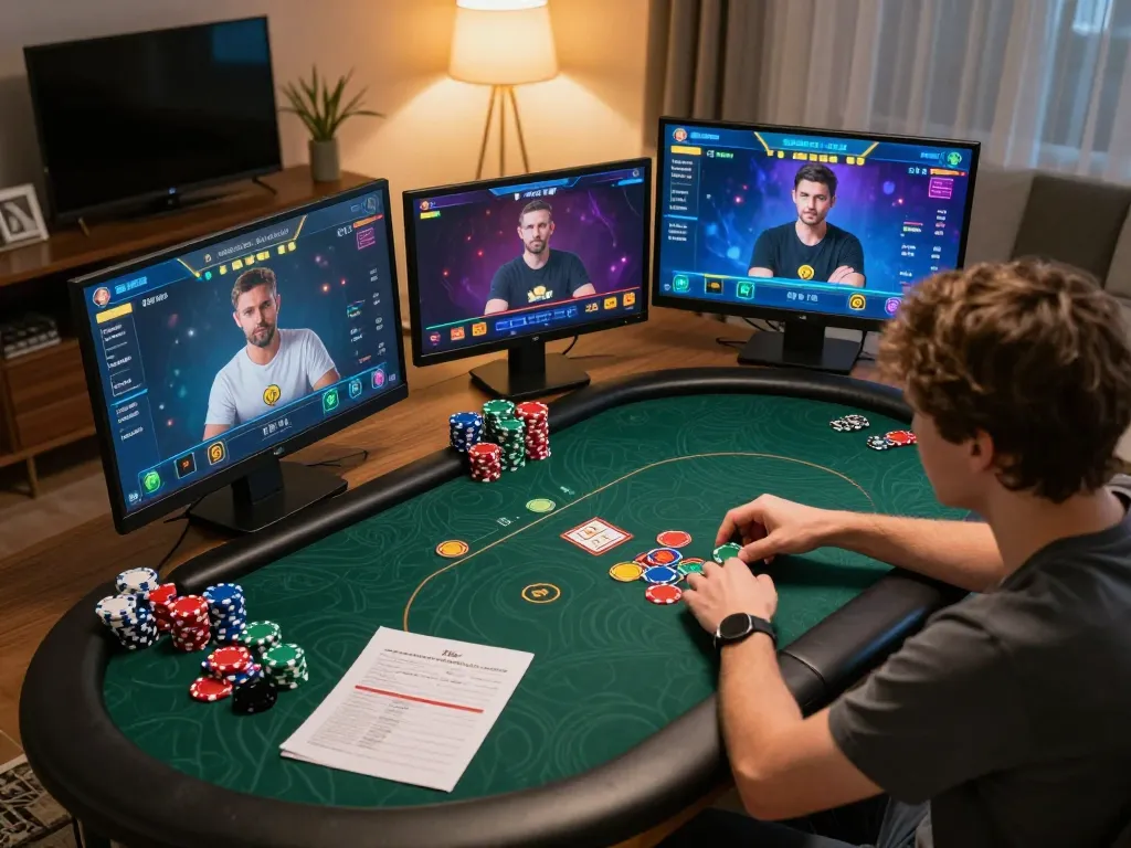 Engaging online poker session with players strategizing on devices while using GA88 for betting