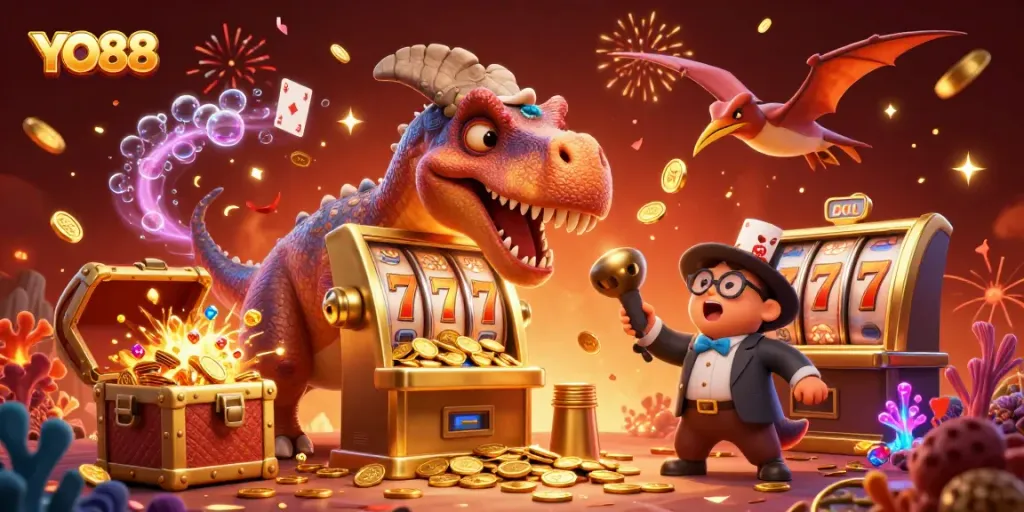 Engage with YO88 as a dinosaur celebrates a slot machine jackpot amidst vibrant underwater treasures.