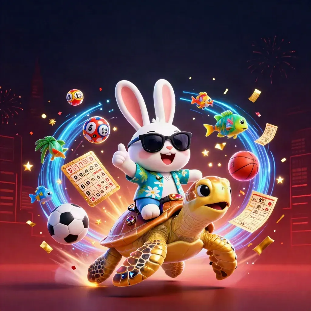 Lucky rabbit on a golden sea turtle amid casino lights, balls, tickets, and fireworks.
