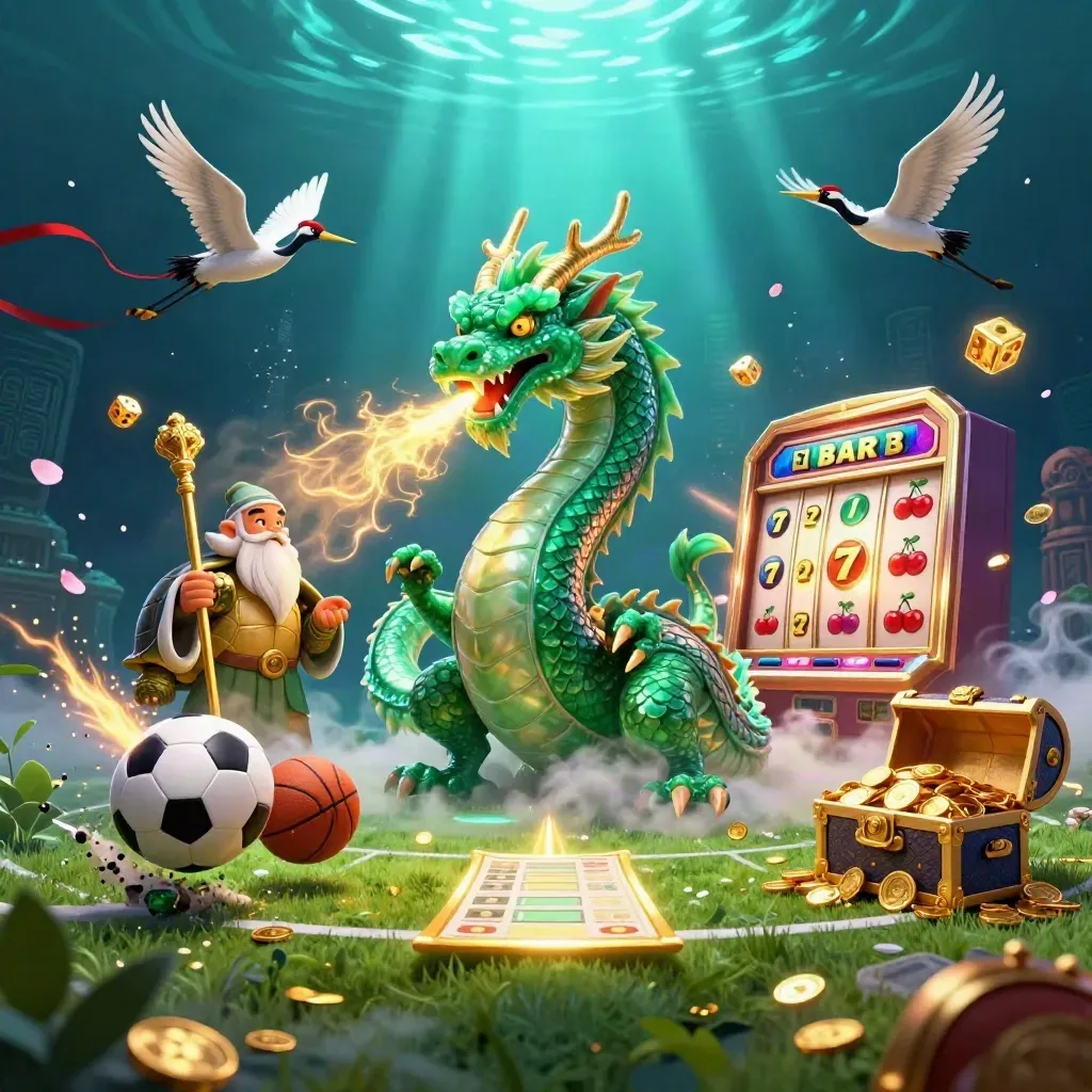 Dragon, turtle sage, and cranes amid casino bursts, gold fire, dice, and glowing sports energy.