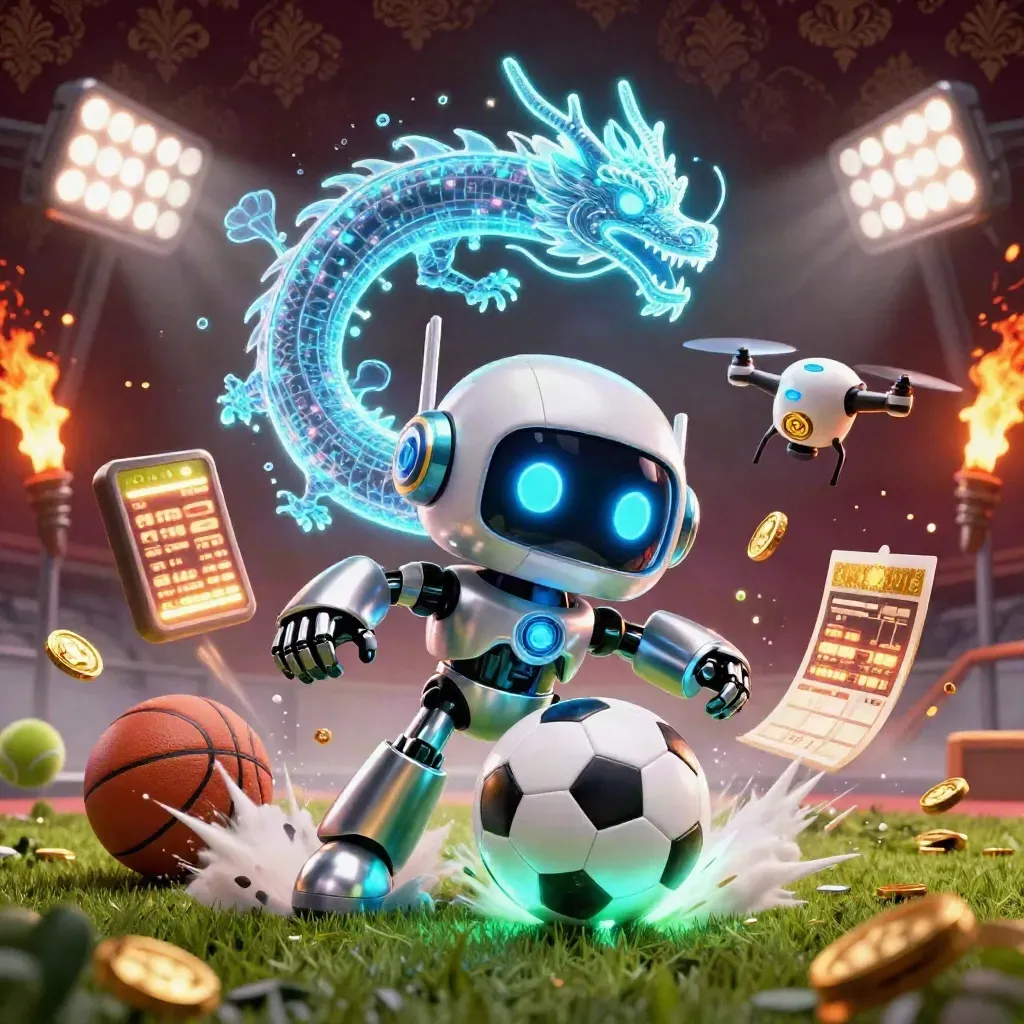 Cyberpunk robot, AI dragon, and drone amid football strike, coins, and glowing casino effects.