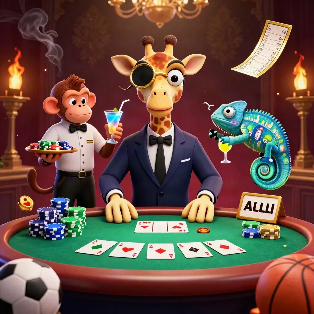Giraffe, monkey, and chameleon at a luxe poker table with chips, aces, and casino glow