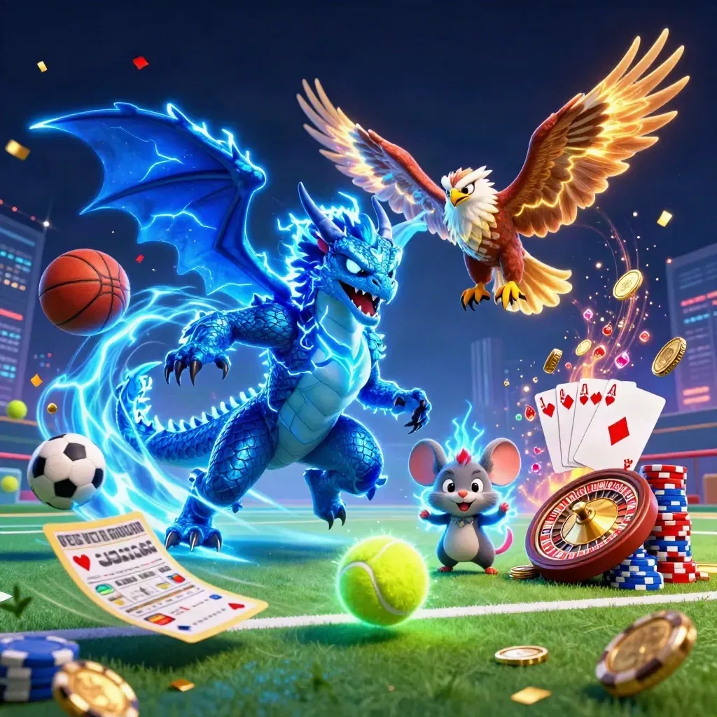 Thunder dragon, hawk, and mouse burst around casino symbols in a neon court scene.