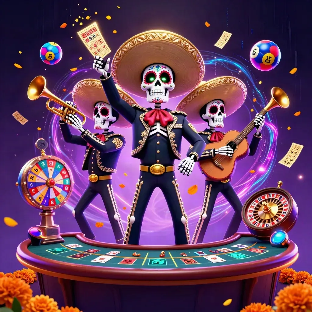 Skeleton mariachi trio in a neon casino, with spinning game elements and starry purple light.
