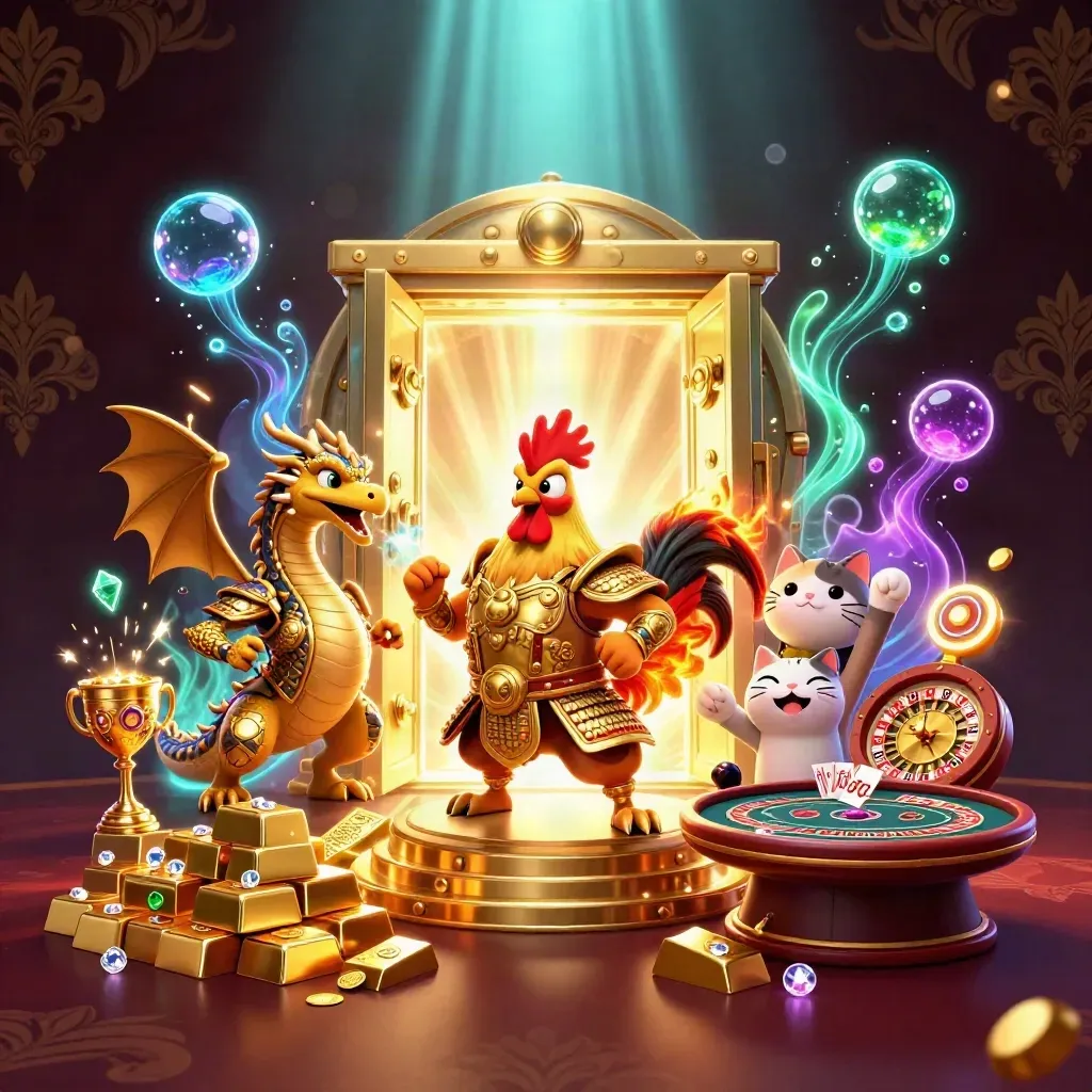 Rooster warrior, dragon hatchling and fortune-cat amid vault gold, casino glow and chandeliers.