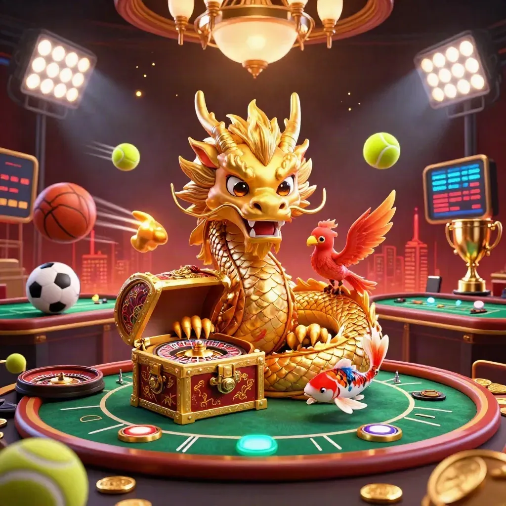 Golden dragon, phoenix and koi in a luxe casino glow with sports balls, trophy and skyline.
