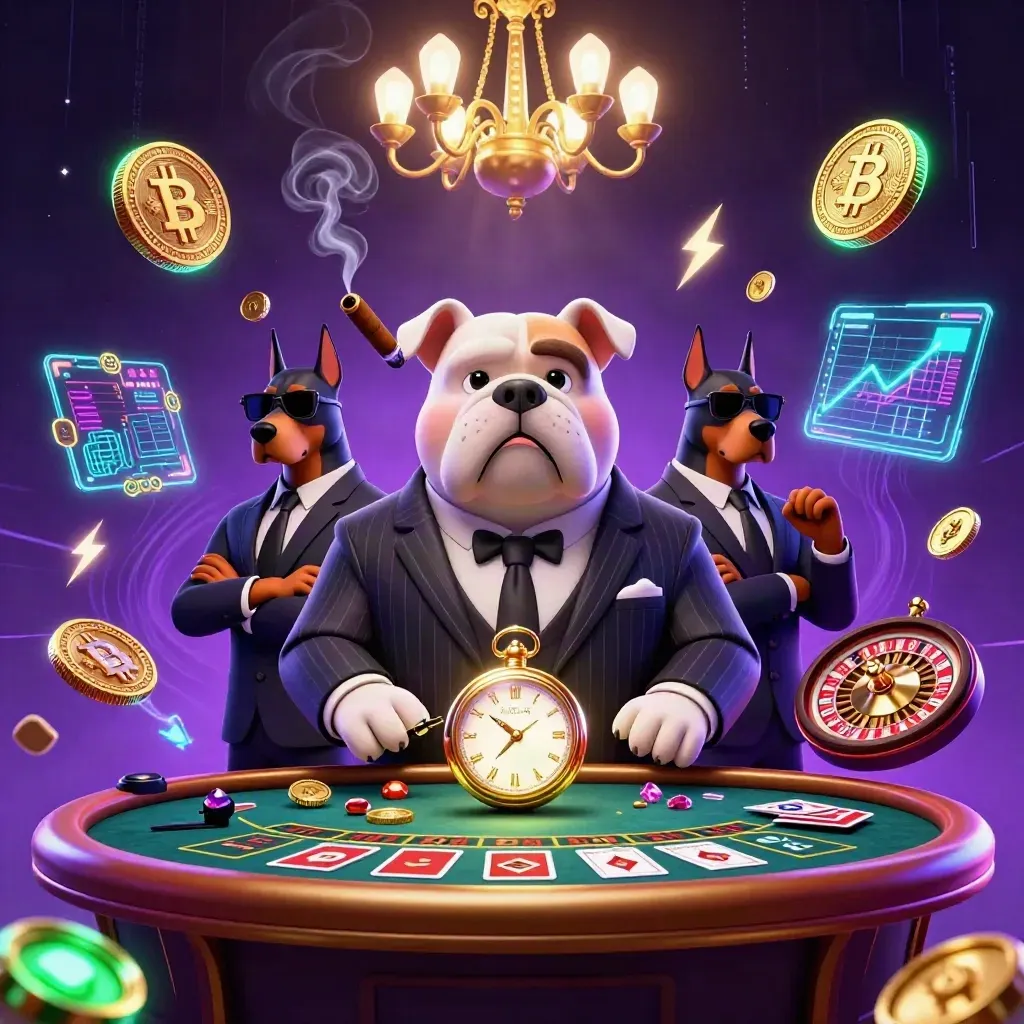 Bull dog boss with Dobermans amid casino glow, crypto effects, and luxury table