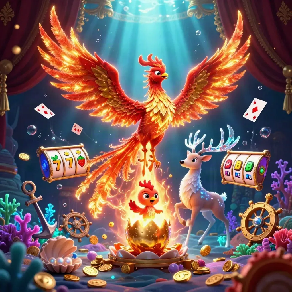 Fire phoenix, hatchling, and crystal stag burst through treasure coins, coral, and casino icons.