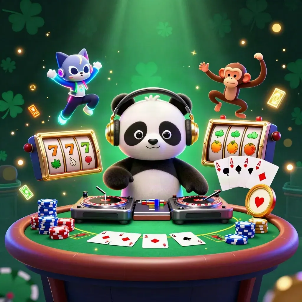 DJ panda, breakdancing monkey, and rave kitten amid casino props in neon blue-green light.