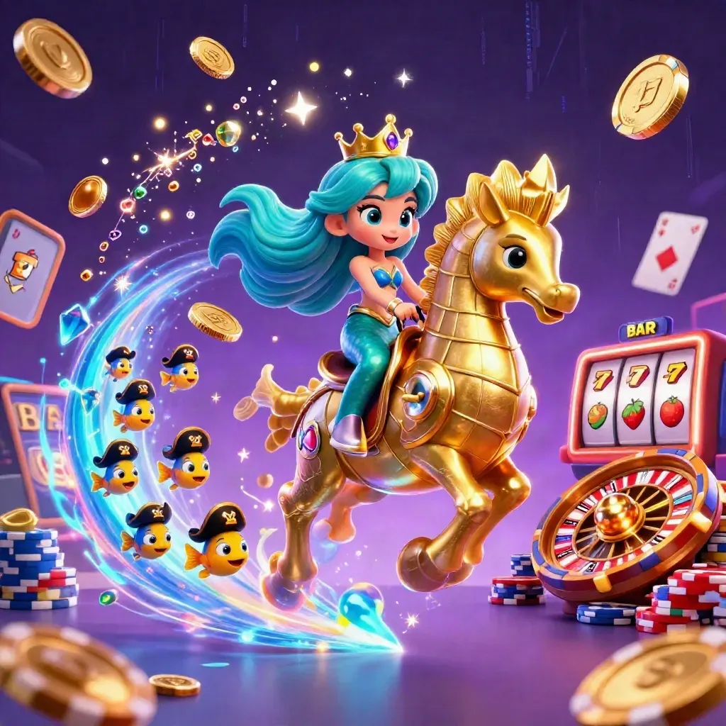 Mermaid princess on golden seahorse amid casino coins, chips, gems and neon blue magic.