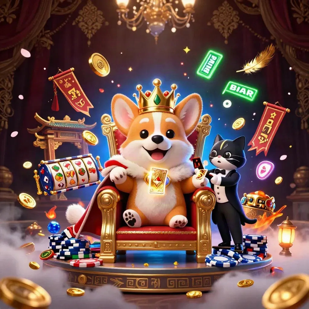 Royal corgi and cat butler amid casino treasure, temple gate, chips, and neon effects.