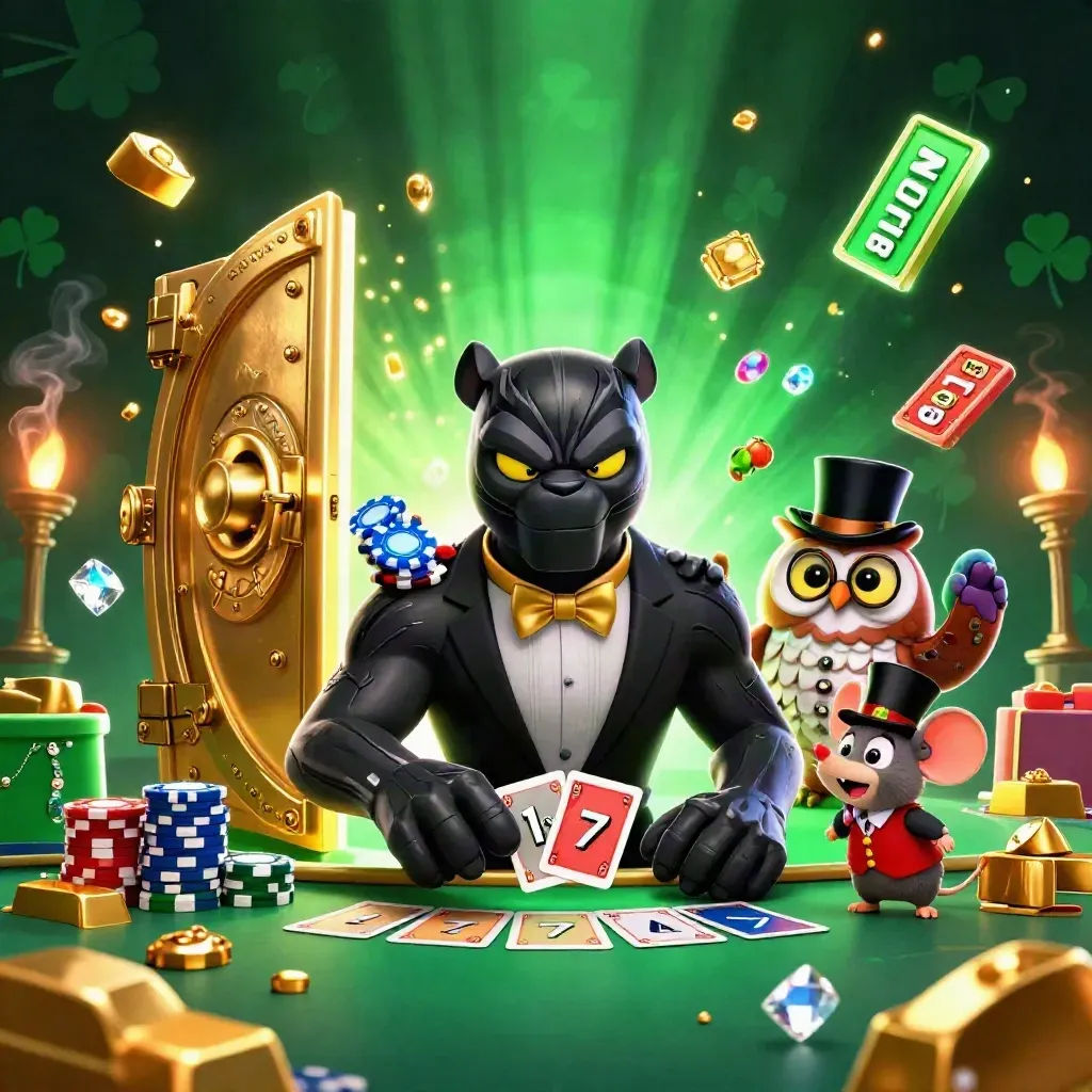 Panther, owl, and mouse casino heroes amid vault gold, gems, and neon green glow