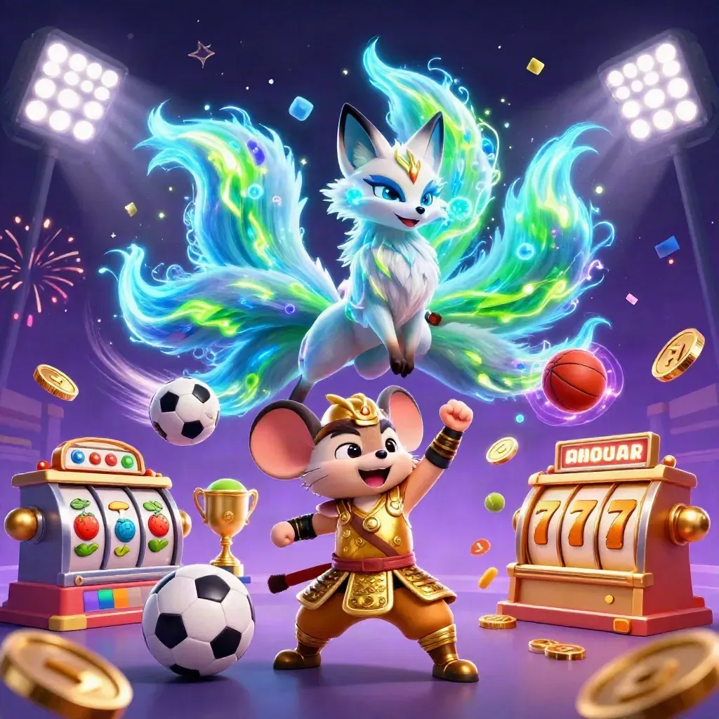 Fox spirit and armored mouse amid sports balls, coins, reels, fireworks, and neon glow.