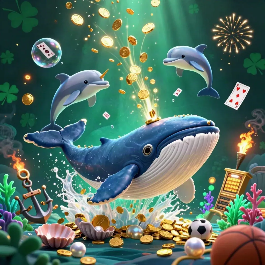 Whale captain, narwhal, and dolphins burst through coins in a casino treasure cove.