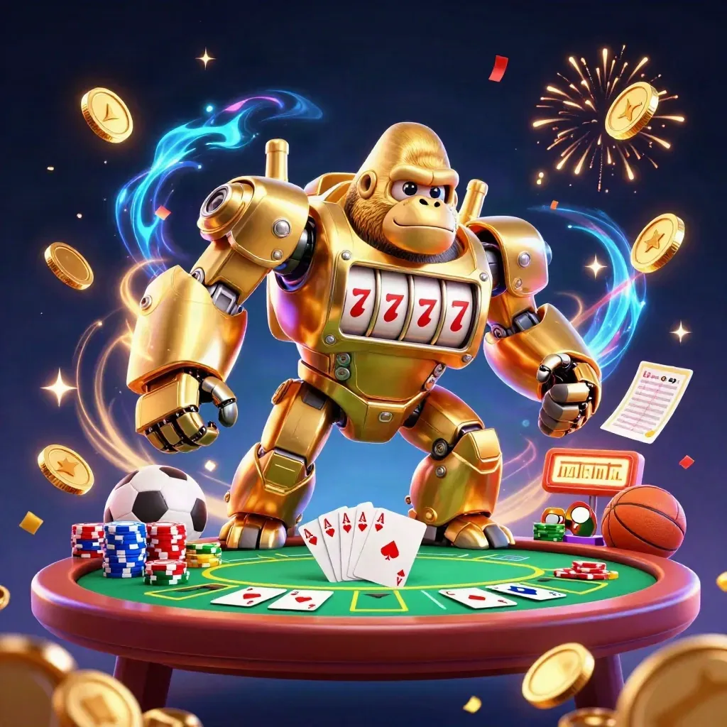 Golden gorilla mech with monkey pilot, coins, chips, cards, fireworks, and sports betting props in a neon casino scene.