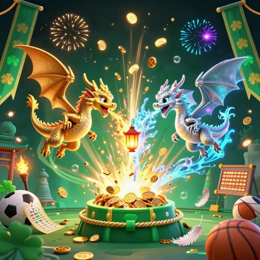 Gold and silver dragons spiral around a lantern spirit in a vault burst with casino sports icons.