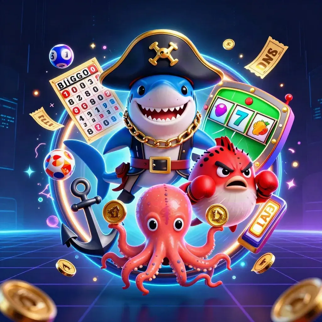 Pirate shark, boxing pufferfish, and coin-juggling octopus amid neon casino effects.