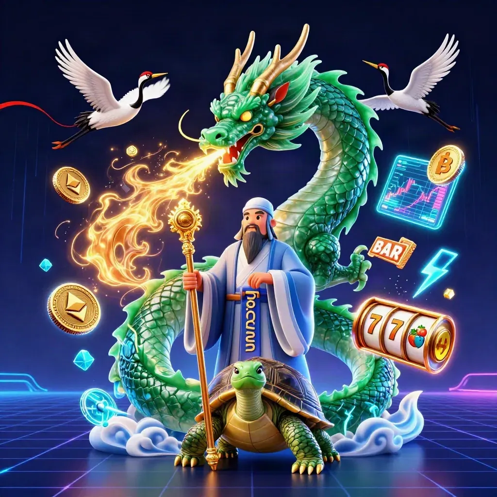 Emerald dragon, sage turtle, and cranes amid neon casino coins, lightning, and glowing slot symbols.