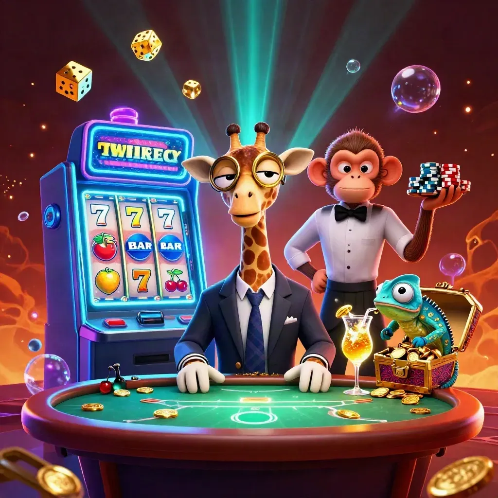 Giraffe high roller, monkey valet, and chameleon bartender amid a slot machine blast.