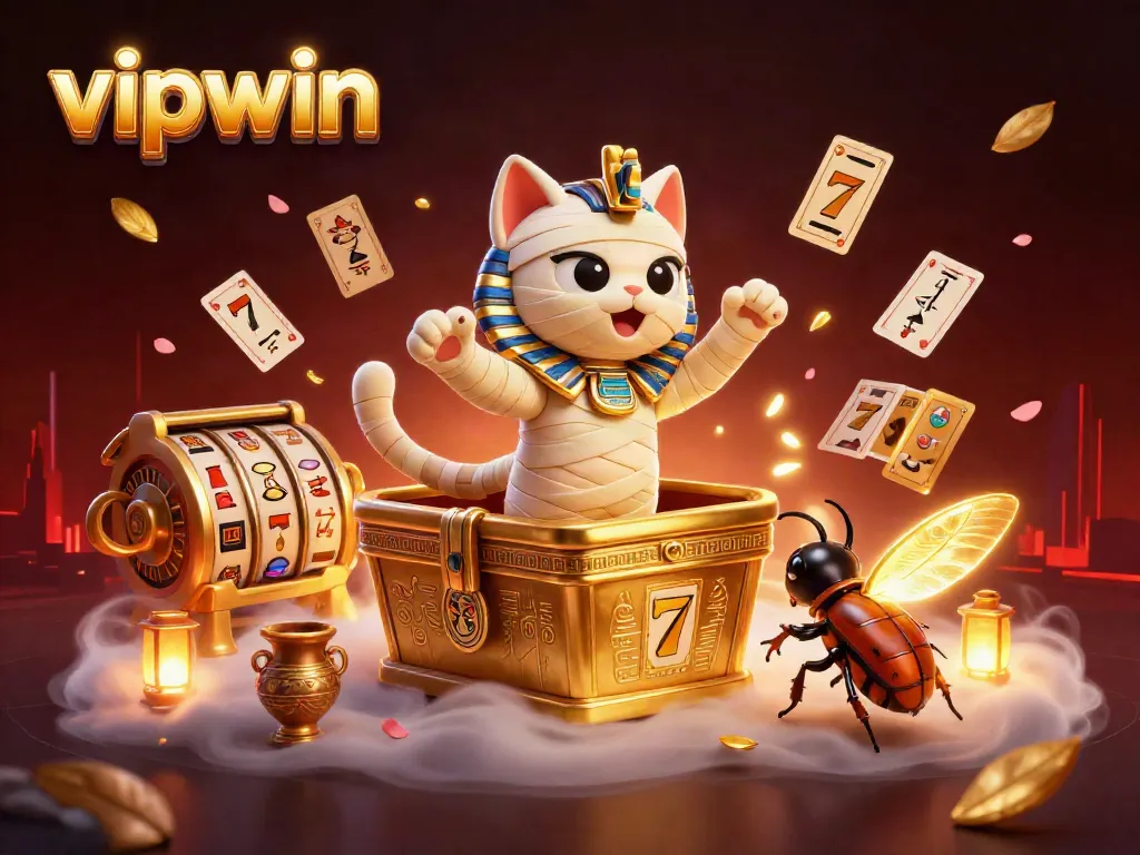 Experience the magic of vipwin with an Egyptian mummy cat and treasures in a bustling casino scene.