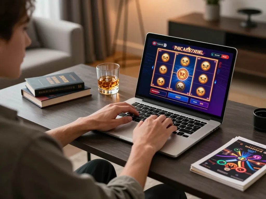 Engaging in online gaming at home with one88 slot interface on laptop, showcasing a strategic setup.