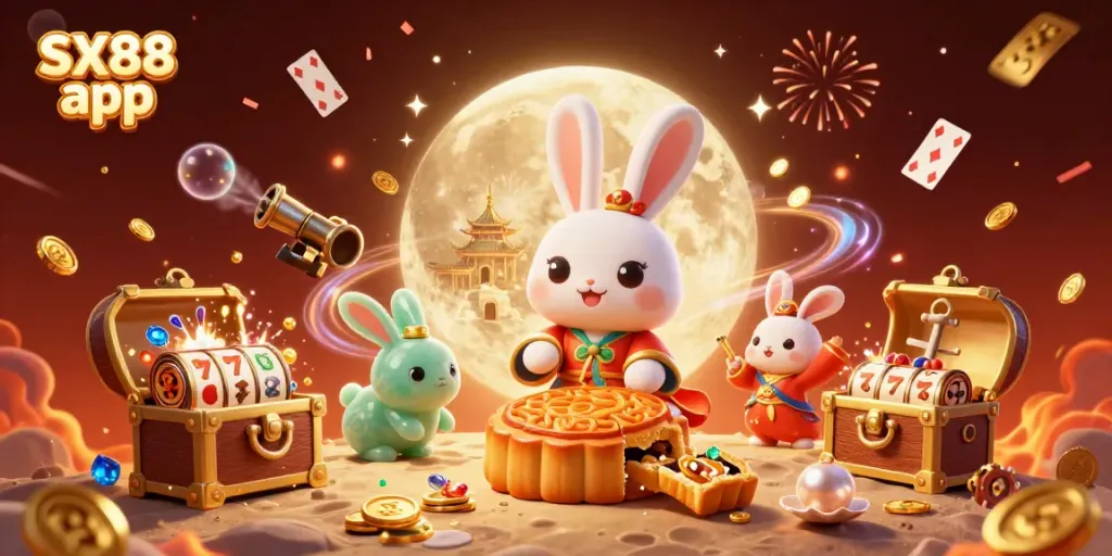 Experience the excitement of the SX88 app with a vibrant 3D scene showcasing interactive casino elements and traditional folklore characters.