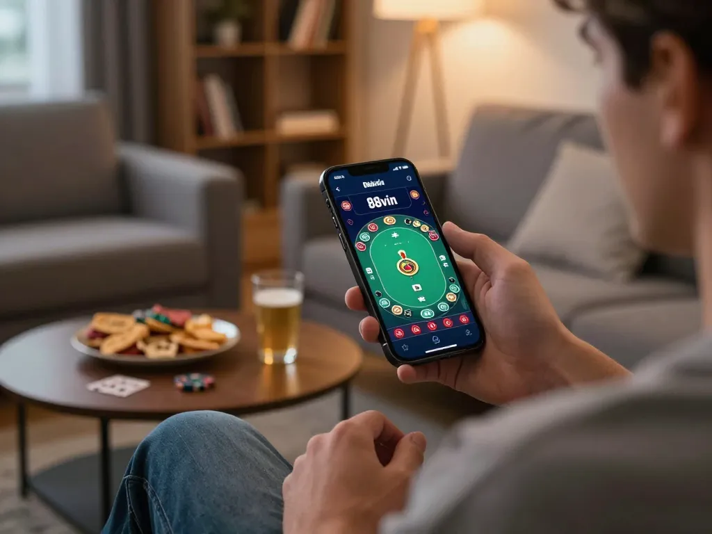 A player engaging with the 88vin app for online casino gaming, showcasing a dynamic poker interface in a cozy home setting.