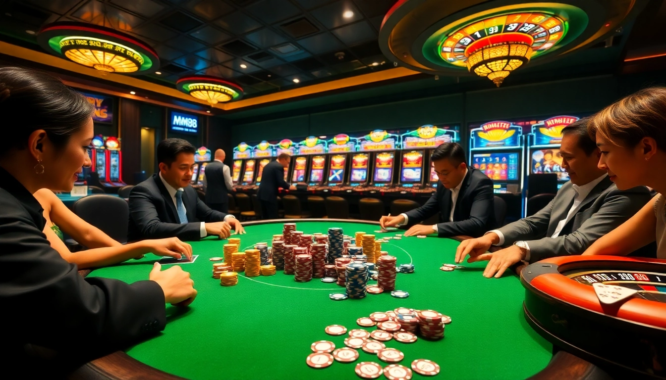 MM88 casino players enjoying poker with vibrant chips and cards in an exciting atmosphere.