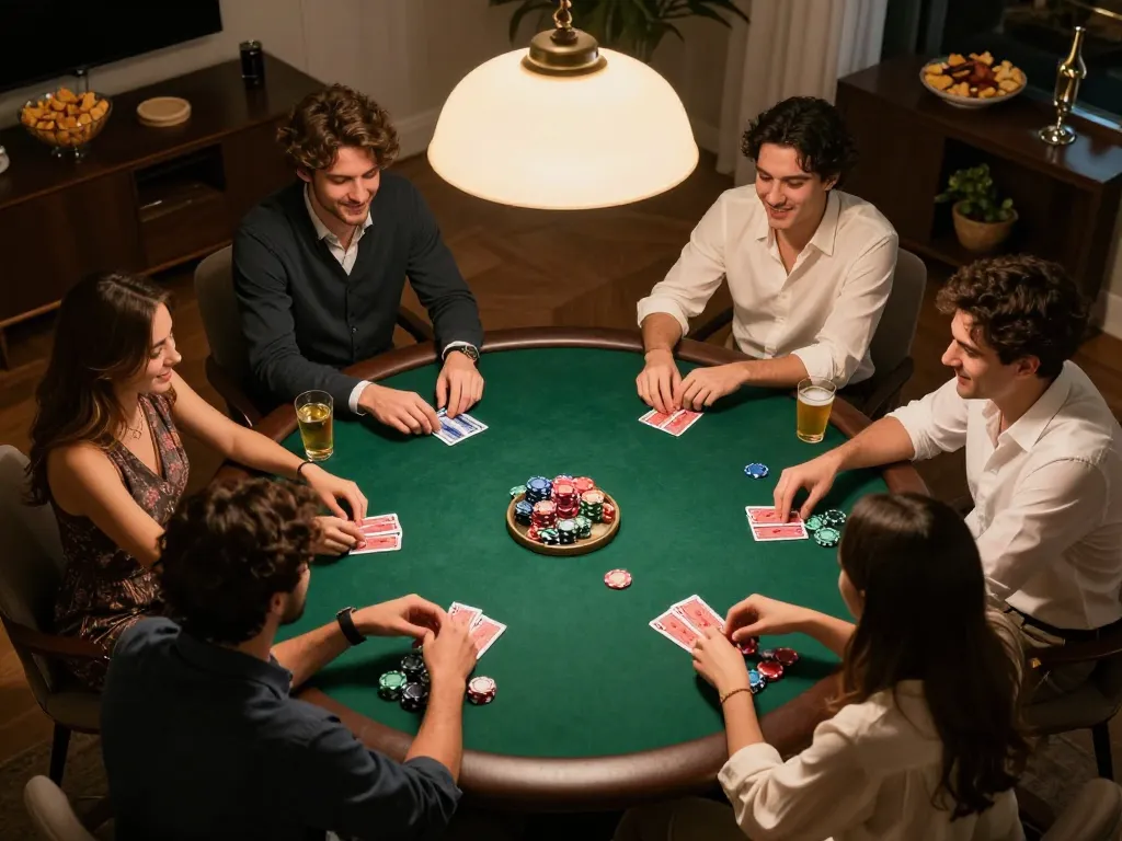 KP88 poker night with friends playing cards at a round table, cheerful atmosphere