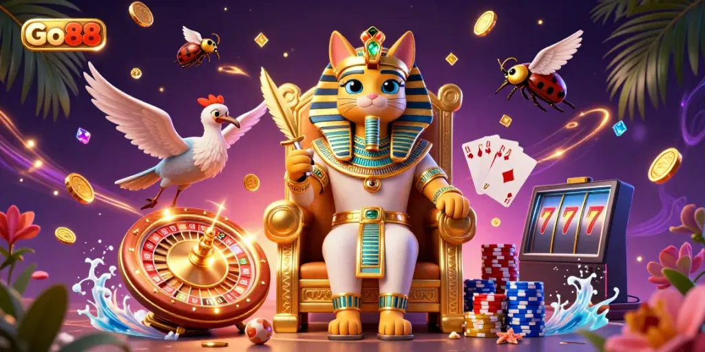 Experience Go88 with vibrant casino elements and dynamic visuals of games, coins, and prizes.