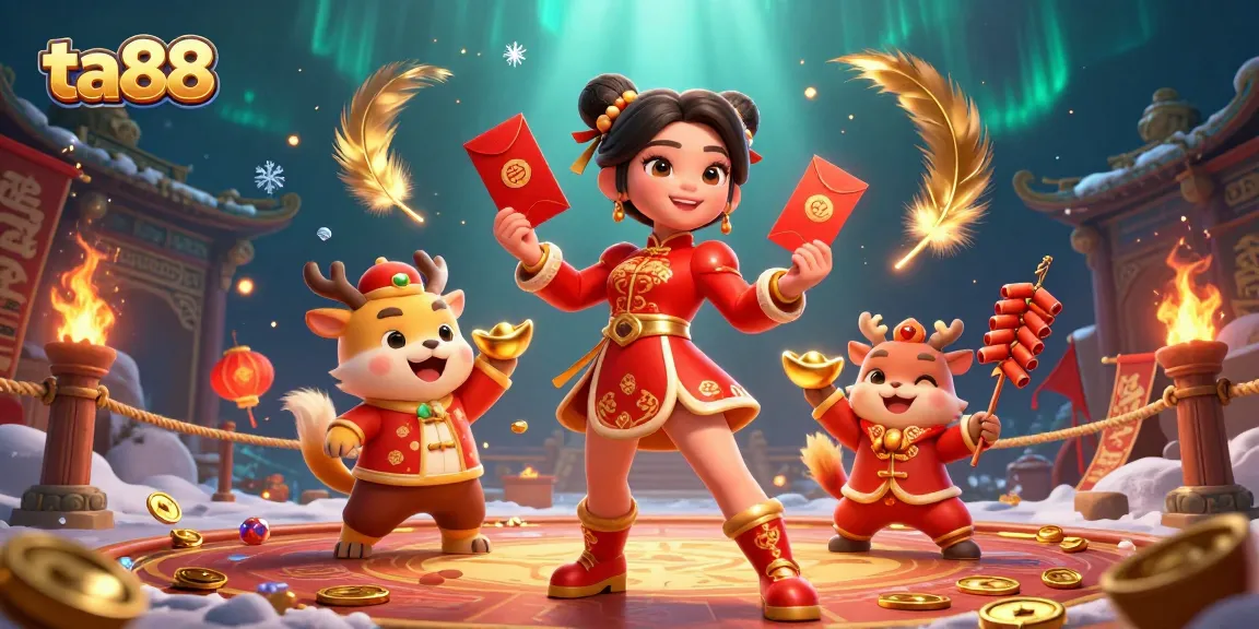 Spark winning moments at ta88 with festive Asian lady, gold coins, and lively firecrackers.