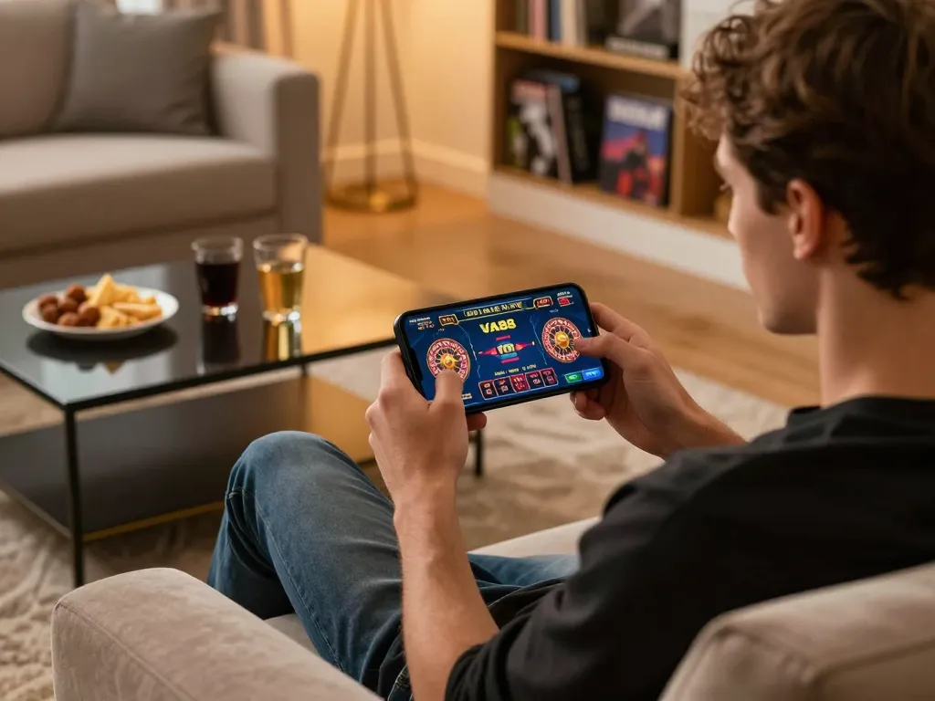 Engage with VA88 live dealer roulette in a cozy mobile gaming setup.