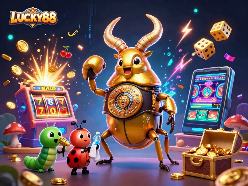 Engage with LUCKY88 by enjoying a vibrant scene featuring lively characters celebrating casino wins.