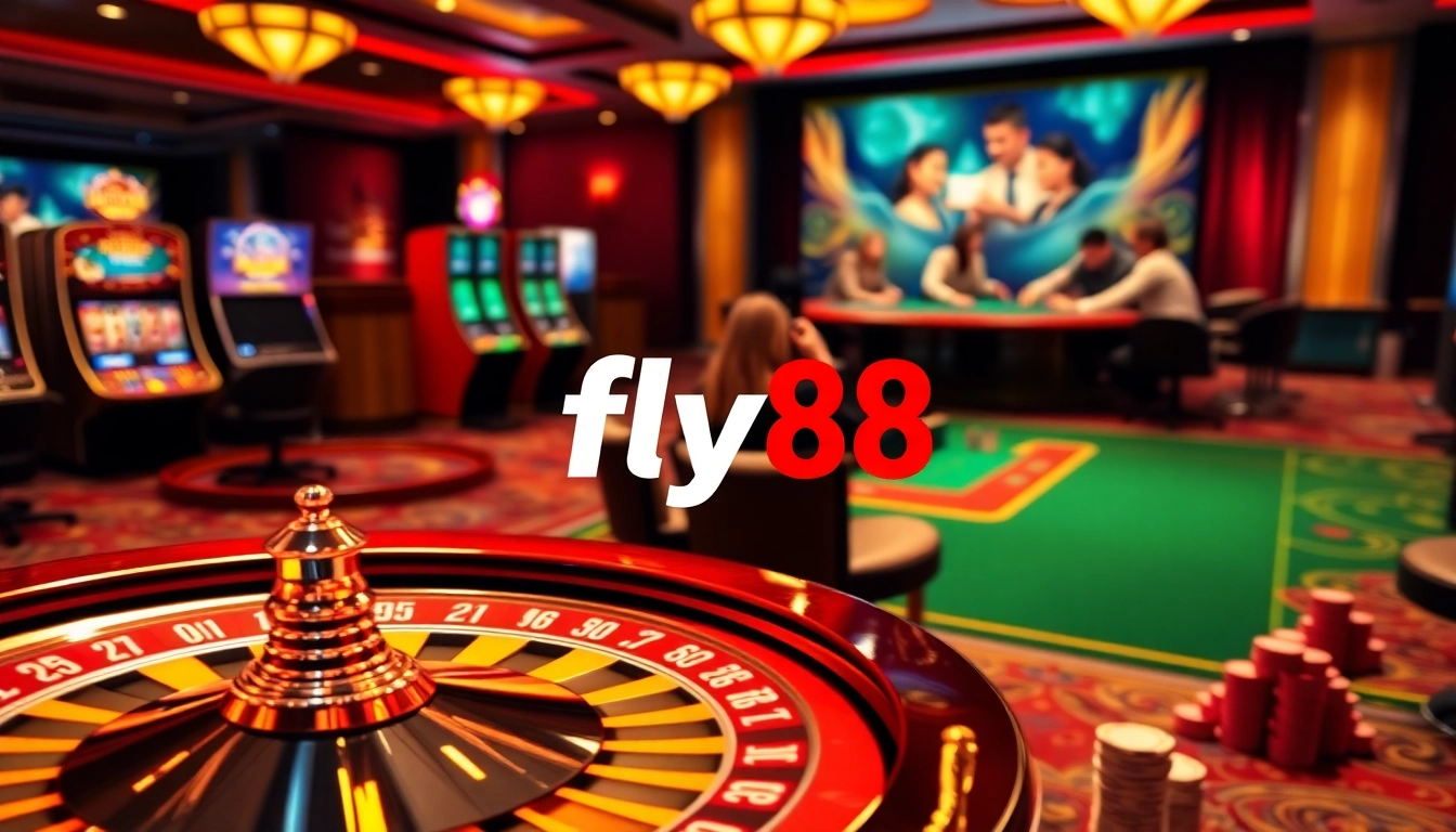 Players enjoying high-stakes gaming at fly88 casino with roulette wheel and poker chips.