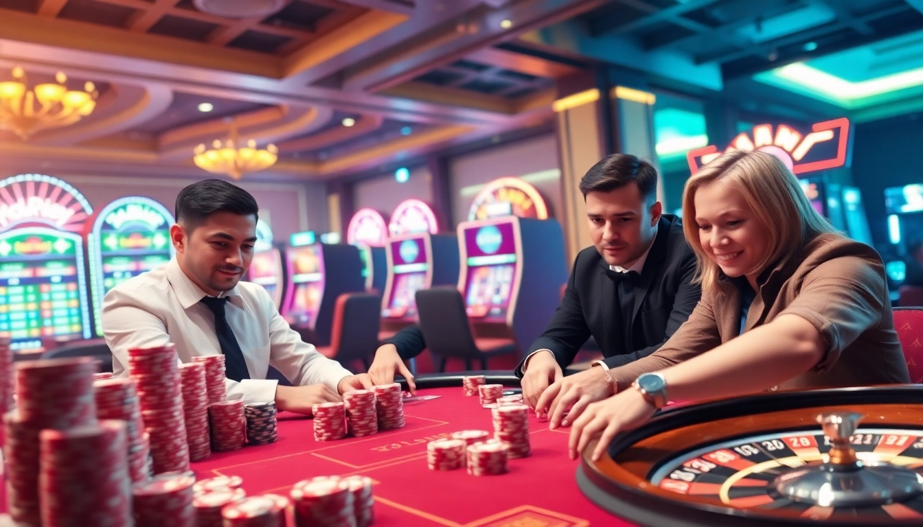 Nohu90 players enjoying a lively casino gaming experience with poker chips and roulette wheels.