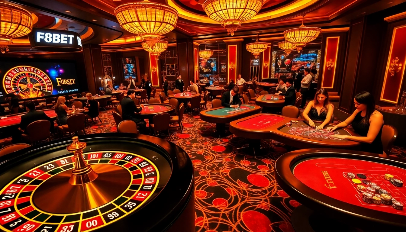 Experience the excitement of F8BET with engaging casino games and vibrant table settings.